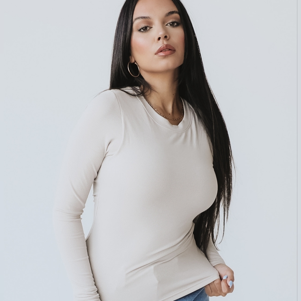 Ribbed Long Sleeve Brami in Stone